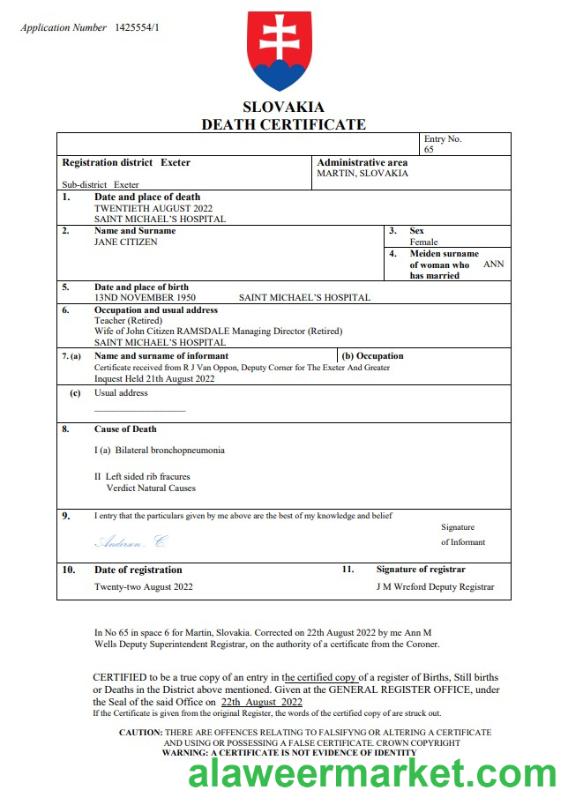Slovakia death certificate Word and PDF template